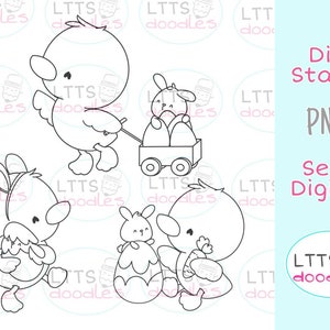 PNG Enteling und Hase Digi Stempel, Ostern Färbung Seite, Kinder Handwerk, PNG Instant-Download-Bild, handgemachte Karte, DIY-Karten, Geschenkanhänger