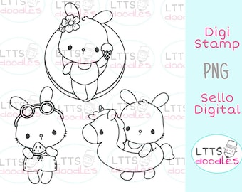 PNG Summer Bunny digi stamp, summer coloring page, instant download image, hand made card, DIY cards