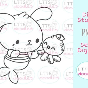 PNG Mermaid Bunny Digi Stempel, Meer Ausmalseite, Sommer Kinder Basteln, PNG Instant Download Bild, handgemachte Karte, DIY Karten