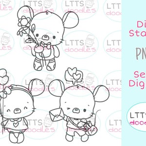 PNG Maus Liebe Set von drei Digi Stempeln, PNG Sofort Download Bild, Valentinstag stempel, Geburtstag Digi stempel, DIY Karten, Geschenkanhänger