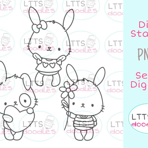 PNG Bunny Love set of three digi stamps, PNG instant download image, Valentines Stamp, birthday digi stamp,  DIY cards, Gift tags