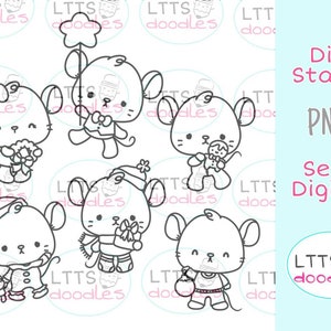 PNG Little Christmas Set de six digi stamps, timbre digi de souris de Noël, image de téléchargement instantané jpg, cartes de bricolage, étiquettes cadeaux