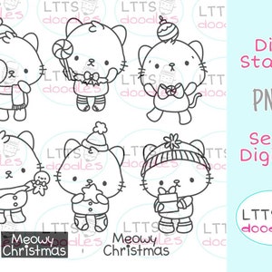 PNG Meowy Weihnachten Set von acht Digi Stempeln, Kätzchen Digi Stempel, jpg sofort Download Bild, handgemachte Karte, DIY Karten, Geschenkanhänger