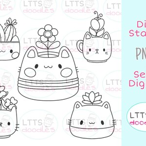 May include: Five black and white line art illustrations of cute cat-shaped planters with different plants inside. The plants include a cactus, a flower, a succulent, and a flower in a mug. The text "Digi Stamp PNG" and "Sello Digital" is visible in the image.