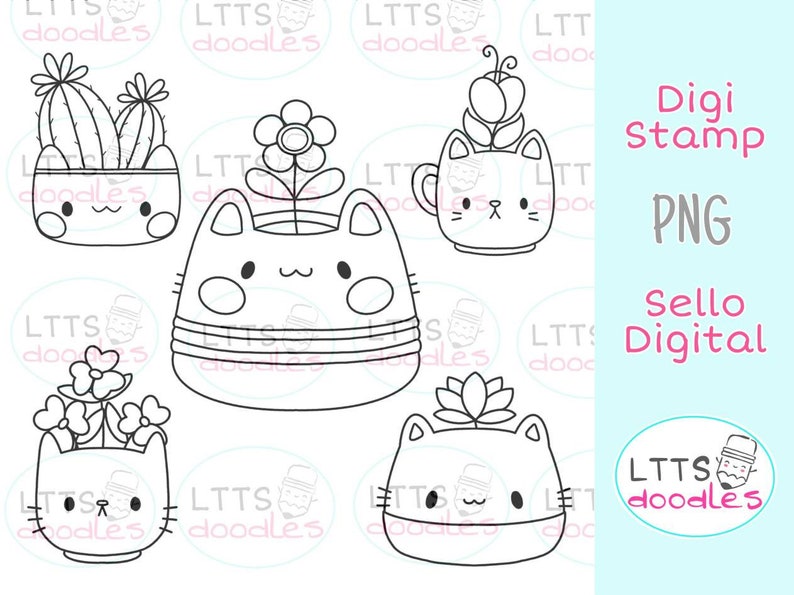 May include: Five black and white line art illustrations of cute cat-shaped planters with different plants inside. The plants include a cactus, a flower, a succulent, and a flower in a mug. The text "Digi Stamp PNG" and "Sello Digital" is visible in the image.
