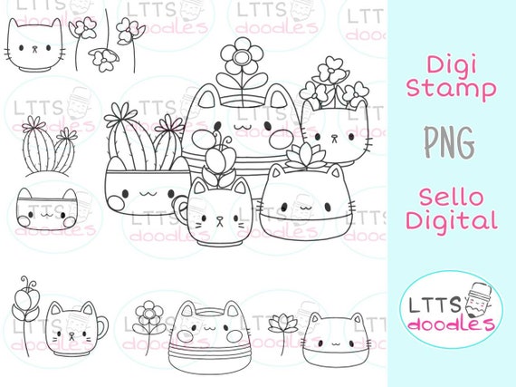 PNG Kitty Planters digi stamp, Mother's Day stamp, Spring kids crafts, PNG instant download image, hand made card, DIY cards, Gift tags