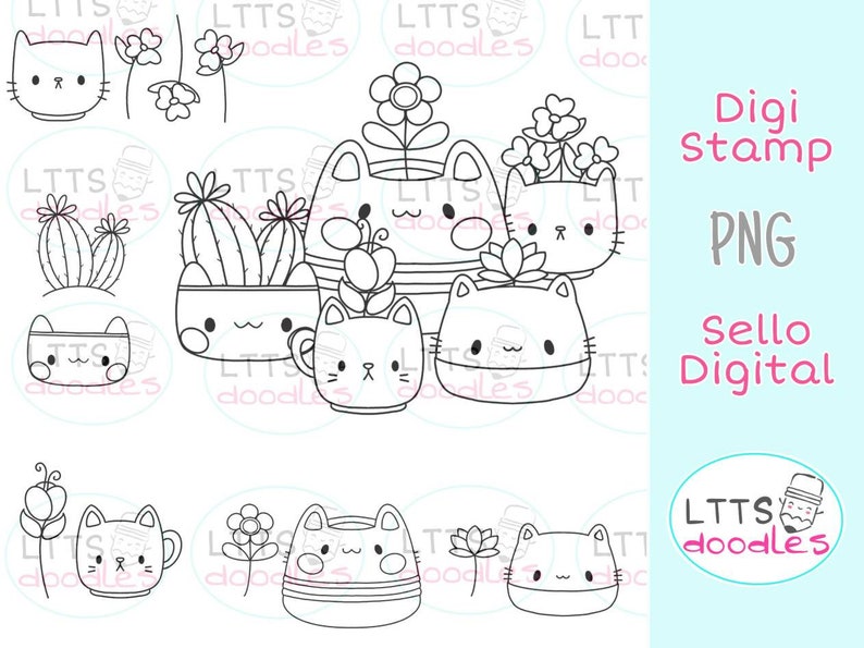 May include: Black and white line art digital stamp set featuring cute cartoon cats in flower pots. The set includes a variety of cat designs, including a cat with a flower on its head, a cat with a cactus, and a cat with a succulent. The text "Digi Stamp PNG" and "Sello Digital" is included in the image.