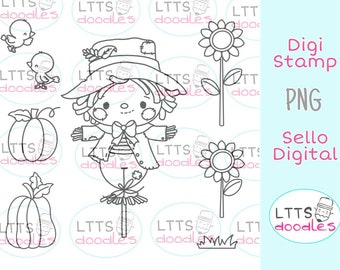 Puede incluir: Sello digital en blanco y negro con un lindo espantapájaros con sombrero, corbata de moño y camisa a rayas. La imagen también incluye dos girasoles y dos calabazas.