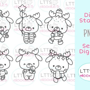 PNG Festliche Rentier Set von sechs Digi stempeln, Rentier Digi Stempel, jpg sofort Download Bild, handgemachte Karte, DIY Karten, Geschenkanhänger