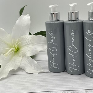 Grey Personalised 250ml High Gloss Pump Lotion/Shampoo/Conditioner/Body wash Bottles, Mrs Hinch inspired Decals for Bathroom/Home