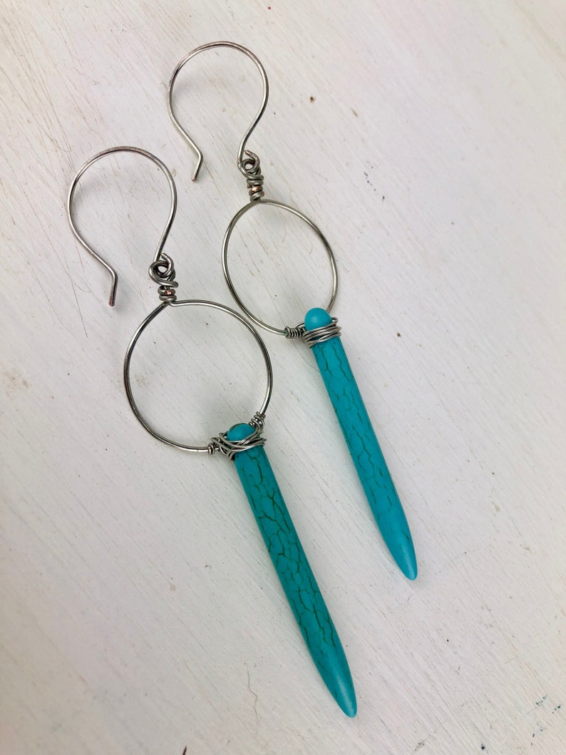 Blue howlite hoop earrings long dangle earrings handmade hand formed wire wrapped earrings