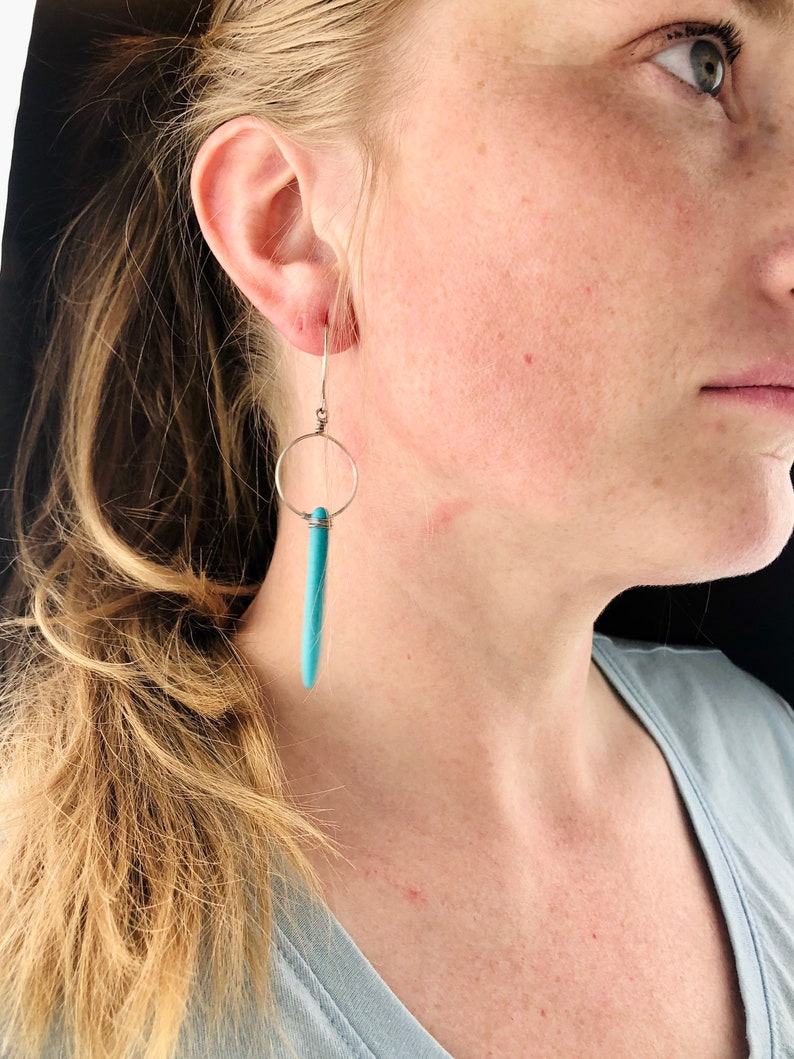 Blue howlite hoop earrings long dangle earrings handmade hand formed wire wrapped earrings