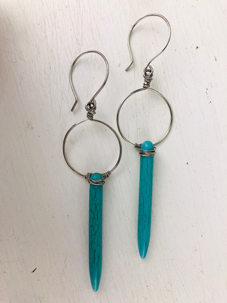 Blue howlite hoop earrings long dangle earrings handmade hand formed wire wrapped earrings