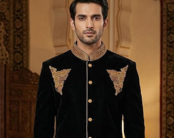 Velvet Sherwani Set in Black & Gold (2 Pieces Set) – Australian Business