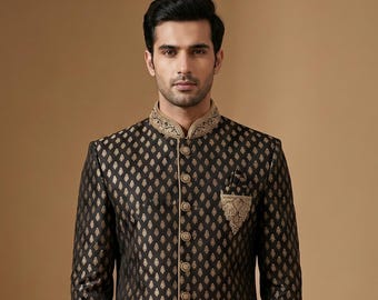 Brocade Sherwani Set in Black & Gold Churidar - free Scarf – Australian Business