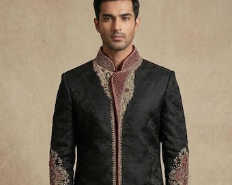 Embroidered Sherwani Set in Black & Maroon (2 Pieces Set) – Australian Business
