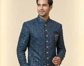 Silk Embroidered Navy Blue Sherwani Set (2 Piece Set) – Australian Business