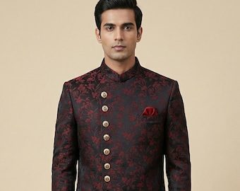 Floral Jacquard Sherwani Set in Black & Maroon (2 Pieces Set) – Australian Business