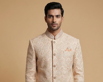 Men’s Peach Lucknowi Sherwani with Handwork – Australian Business