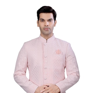 Lucknowi Chikankari Sherwani Set in Pastal Pink- Australian Business
