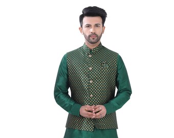 Men's Brocade Vest Coat with Kurta Pajama Set - Next business day dispatch