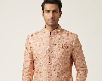 Embroidered Sherwani Set in Peach (2 Pieces Set) – Australian Business