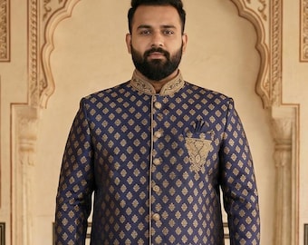 Brocade Sherwani Set in Navy Blue & Gold Churidar Free scarf– Australian Business