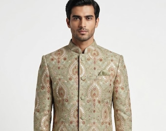 Embroidered Sherwani Set in Sage Green (2 Pieces Set) – Australian Business