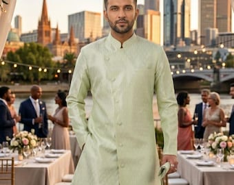 Self-Textured Sherwani Set in Pastel Green - Free Scarf – Australian Business