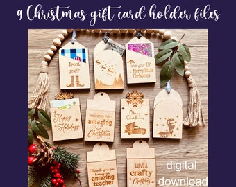 May include: Nine laser cut wooden Christmas gift card holders with various designs, including a reindeer, a Christmas tree, a truck, and an elf. The text on the holders includes "Treat yo'elf", "Have your Elf a Merry Little Christmas", "Wishing you amazing Christmas", "Happy Holidays", "Merry Christmas", "Thank you for being an amazing teacher", and "Have a crafty Christmas".