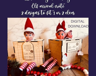 Elfe arrivée boîte caisse SVG, fichier de Noël découpé au laser (téléchargement numérique)