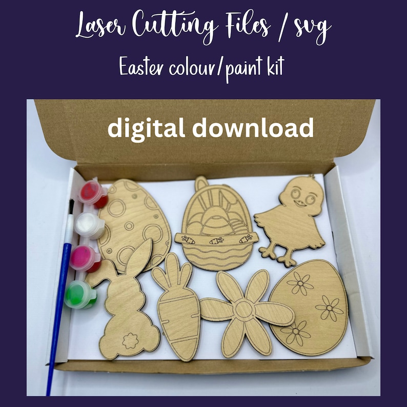 Pode incluir: Um conjunto de formas de artesanato de P&aacute;scoa de madeira cortadas a laser numa caixa de cart&atilde;o. As formas incluem um coelho, um pintinho, uma cenoura, uma flor, uma cesta e ovos. A caixa tamb&eacute;m inclui frascos de tinta e um pincel. O texto "download digital" est&aacute; impresso na caixa.