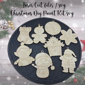 Kit de pintura navideña para hacer tú mismo SVG, kits de manualidades para niños, manualidades navideñas SVG, archivo de corte Glowforge, kit de pintura de elfo de Papá Noel, adornos navideños, kits de pintura para hacer tú mismo