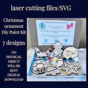 Christmas DIY Paint Kit, Christmas Ornaments SVG, Glowforge laser Cutting Files, Digital download, Santa Penguin, Sleigh snowflake, SVG file