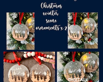 Ornement de Noël découpé au laser SVG, scène boisée d'hiver (téléchargement numérique)