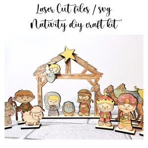 DIY kit kerststal, kerststal lasergesneden bestand, kerstlaser SVG, Glowforge gesneden bestand, kerstknutsels, kerststal, doe-het-zelf verfkit
