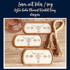 Aztec Boho SVG, Longhorn skull sign, Trinket trays, SVG, Home Decor, Glowforge cut files, laser cutting SVG, Aztec designs, tray svg,
