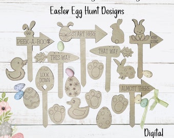 Pode incluir: Um conjunto de 12 sinais de caça aos ovos de Páscoa cortados a laser com vários designs, incluindo coelhos, patos, ovos, pegadas e flechas. Os sinais têm texto como "Peek-a-boo", "Este caminho", "Começar aqui", "Esse caminho", "Olhar para baixo" e "Quase lá".