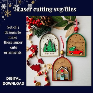 Décoration de Noël, Noël laser SVG, fichiers découpés Glowforge, SVG découpé au laser, téléchargement numérique, créations artisanales de Noël, camion de Noël, arbre de Noël