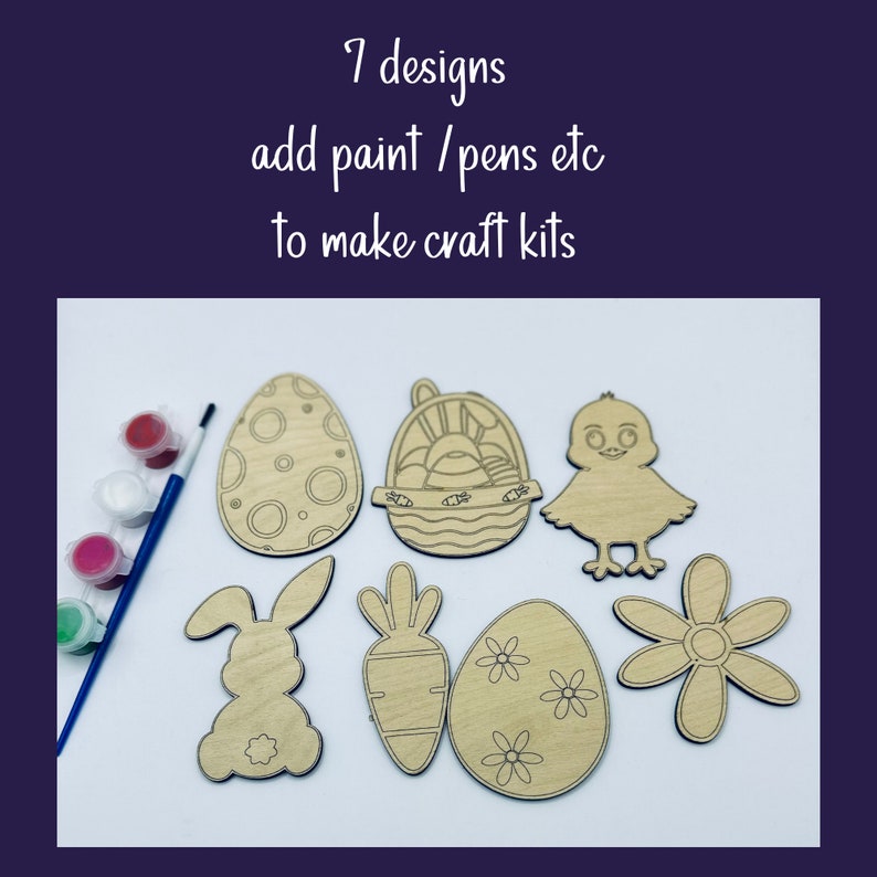 Pode incluir: Sete formas de artesanato de P&aacute;scoa de madeira, incluindo um coelho, um pintinho, uma cenoura, uma flor, uma cesta e dois ovos. As formas est&atilde;o prontas para serem pintadas ou decoradas.