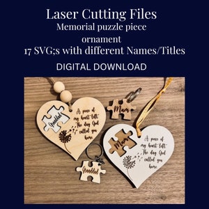 Ornamento commemorativo commemorativo, file SVG laser a forma di cuore puzzle, file di taglio Glowforge, SVG per la persona amata, memoriale amato, personalizzabile, file tagliati al laser