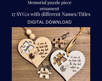 Memorial Remembrance Ornament, Puzzle Heart laser SVG File, Glowforge cut file, Loved One SVG, Memorial loved, Customisable, Laser cut files