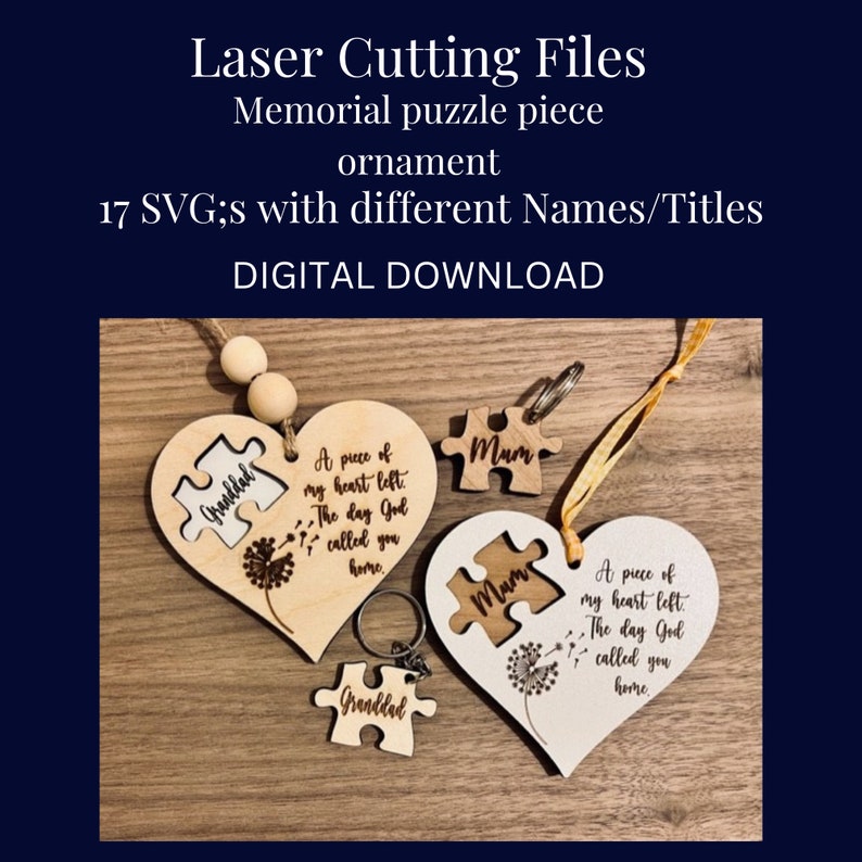 May include: Two wooden heart-shaped puzzle pieces with the words "A piece of my heart left. The day God called you home." and "Mum" engraved on them. The pieces are connected by a string with a wooden bead and a key ring.