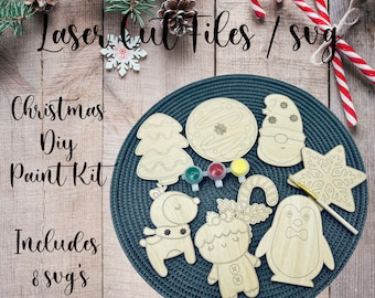 クリスマス DIY ペイント キット、クリスマス オーナメント DIY キット、glowforge カット ファイル、クリスマス クラフト キット、レーザー カット SVG、キッズ クラフト キット、クリスマス ペイント キット