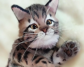 Realistic Plush Bengal Kitten: Poseable Cat Art Doll, Handmade to Order