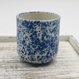 Ceramic mug in blue and white, minimalist, modern, without handle