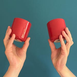 Ceramic mug without handle | Coffee cup without handle | Cups for cappuccino | Tomato red and white glossy | Turned on the potter&#39;s wheel