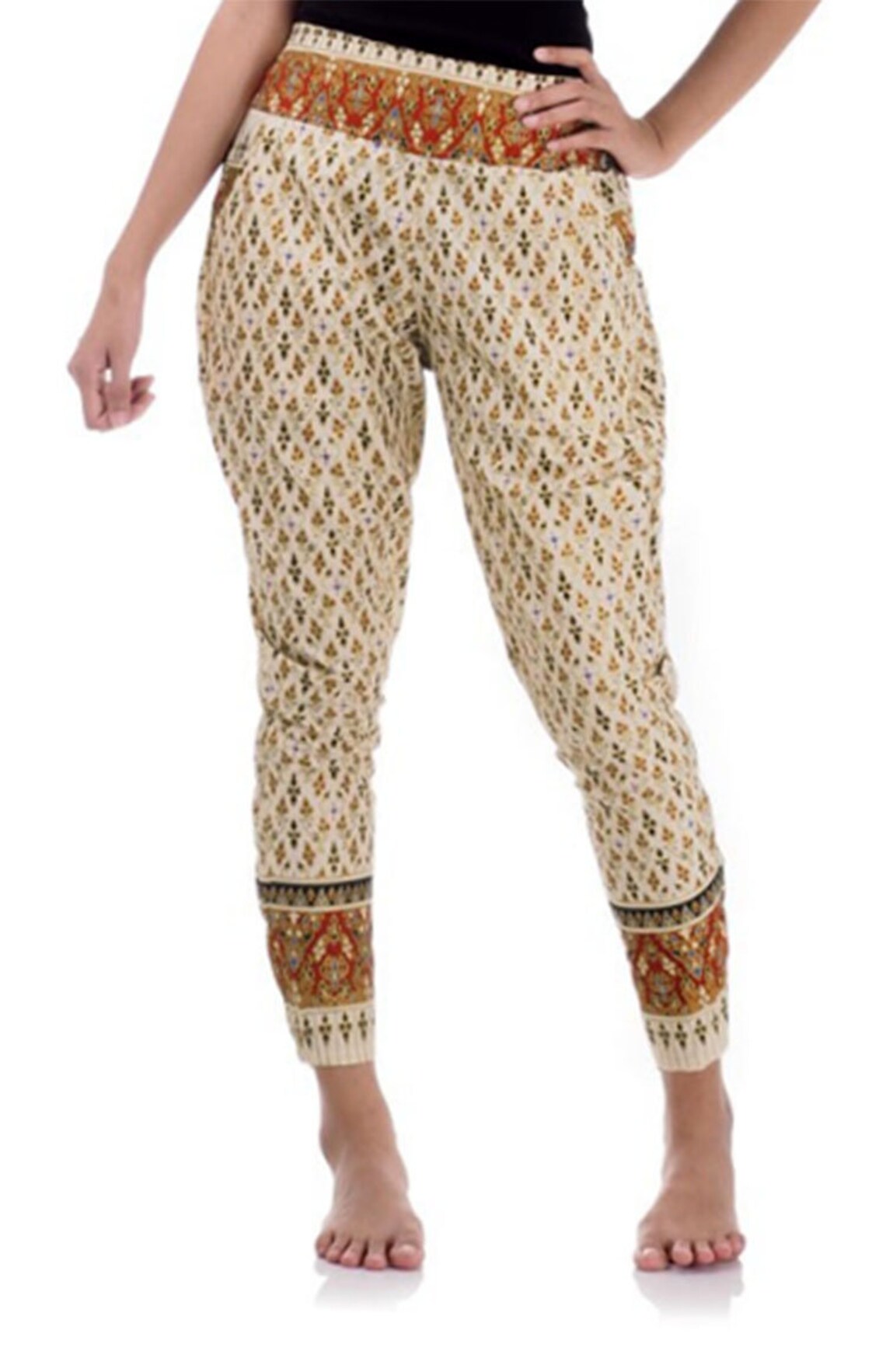 Beige Gold Line Thai Harem Dhoti Yoga Pants for Women Elastic | Etsy