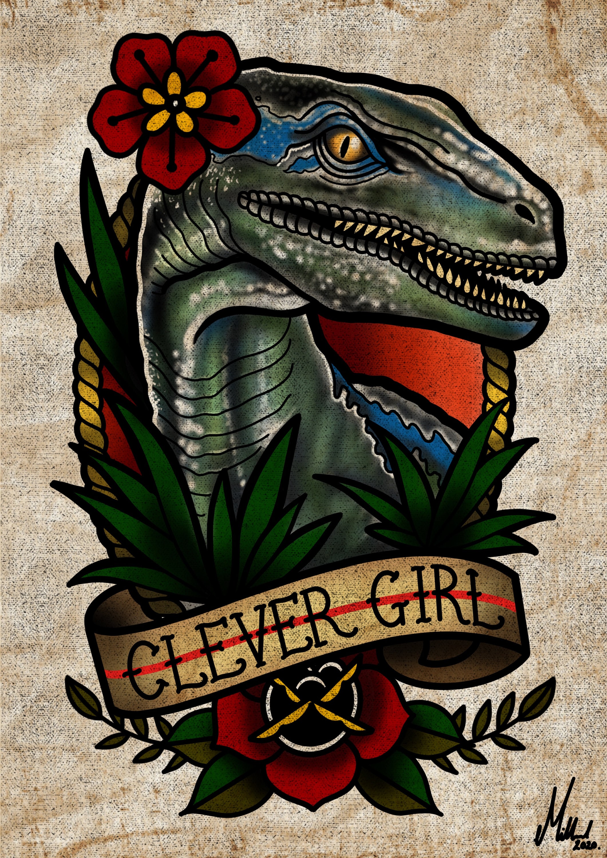 Velociraptor Blue Jurassic Park Tattoo Flash Art Print | Etsy