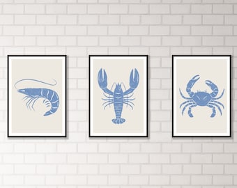 Seafood Wall Art Prints - Set of Three | Lobster | Crab | Shrimp | Seaside Theme | Restaurant Decor | Modern Kitchen Prints